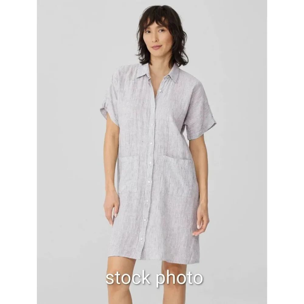 Eileen Fisher organic linen striped crinkle shirtdress size Large